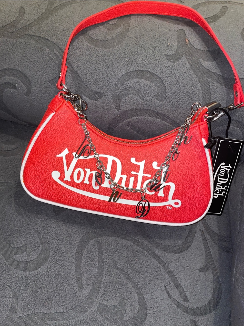 Von Dutch Red Mini Shoulder Bag with Logo Charm Chain - Picture 5 of 5